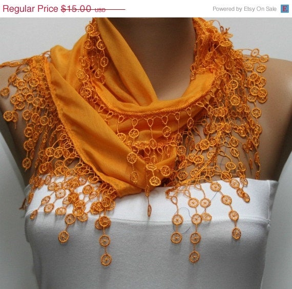 BIG SALE Orange Scarf  - Cotton  Scarf -  Cowl with Lace Edge   -fatwoman - Bridesmaids Gifts