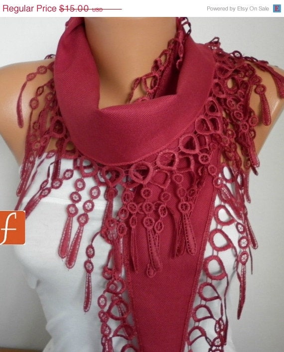 BIG SALE Burgundy Scarf - Wine Scarf Pashmina Scarf Cowl Scarf with Lace Edge - bridesmaid gift - fatwoman