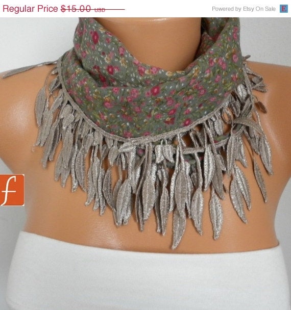 BIG SALE Green  Scarf  Cotton Scarf - Shawl Cowl with Lace Edge  Multicolor - fatwoman