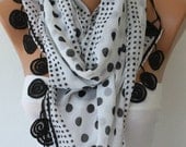 BIG SALE White Scarf  Polka Dot Scarf  -  Cotton Scarf  Cowl Scarf  with  Lace Edge - fatwoman