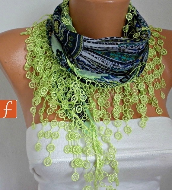 Neon Pistachio Cotton Scarf Multicolor Women Shawl Scarf Scarf - Cowl Scarf with Lace Edge - Gift for her - fatwoman