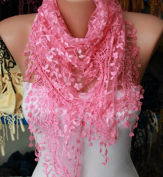 Lace Scarf Shawl Scarf Women Shawl Scarf - Cowl Scarf - Pink - fatwoman