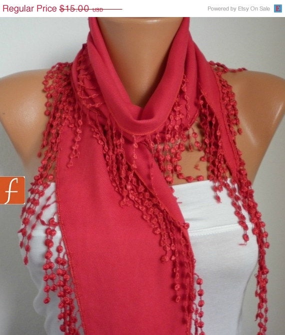 BIG SALE Red Scarf Women Pashmina Scarf - Cotton Scarf - - Cowl with Lace Edge - fatwoman
