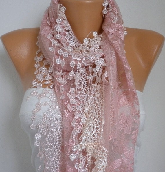BIG SALE Dusty Pink Lace Scarf - Shawl Scarf Cowl Scarf Lace Edge Gift Bridesmaid Gift fatwoman