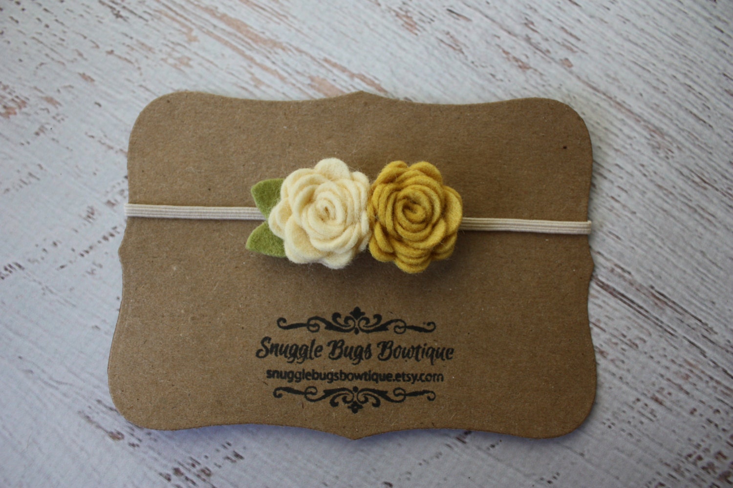 Baby Felt Flower Headband - Pair of Wool Felt Rosebuds in Ochre Yellow and Cream - Newborn to Adult