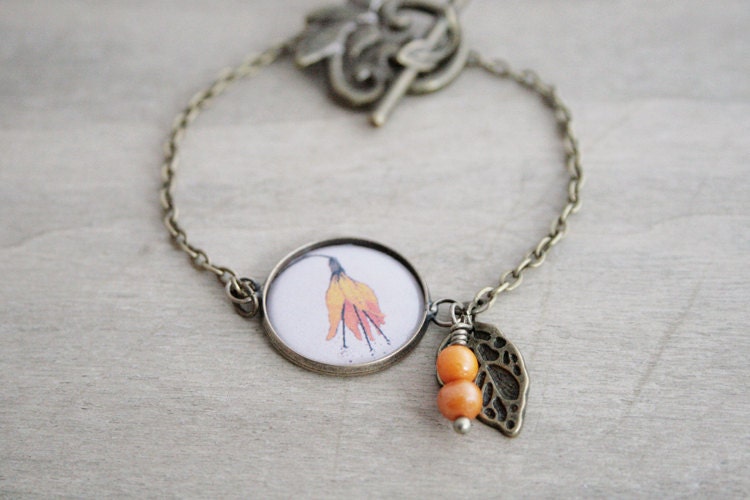 Antique Bronze Bracelet - 1 Large Glass Cabochons - Orange Flowers Inspired by Deutzia Scabra