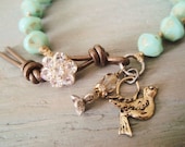 RESERVED for KARLA Mint green bracelet - Spring Bird - seafoam blue , crystal flower, rustic bronze charm , Thai silver , leather boho - slashKnots