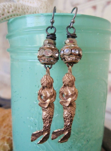 Mermaid earrings 'Golden Girl' vintage rhinestones, pyrite, gold bronze bohemian glam, nautical eco chic, dangle  beach boho summer