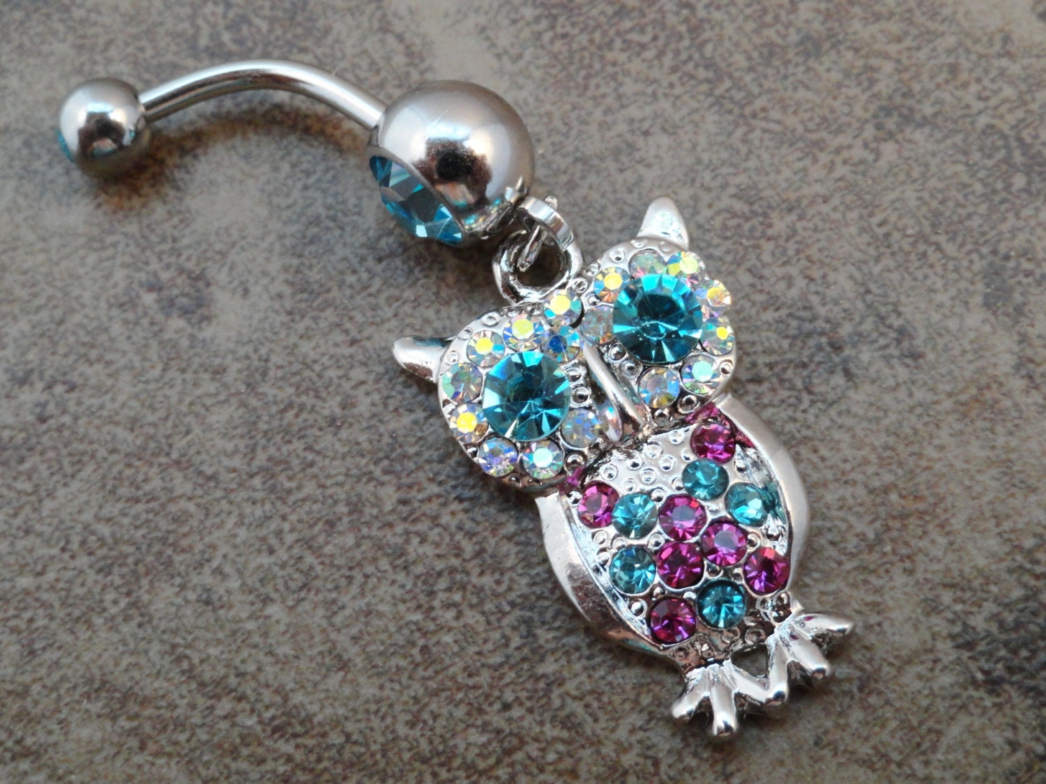 Crystal Owl Belly Button Jewelry Ring Aqua Blue and Pink