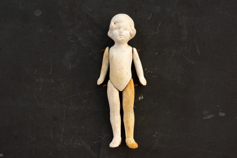 Vintage / Antique Jointed Bisque Doll with Molded Hair, Made in Germany, Numbered (4" tall, c.1860s) - Collectible, Art and more - N2