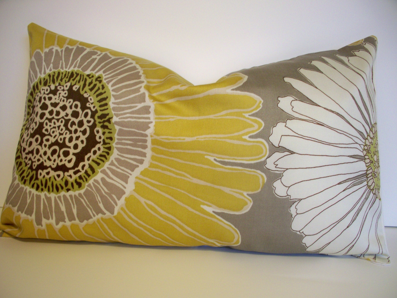 Decorative Pillow Sunflower Daisy Taupe Gray Gold Yellow Large Floral 10X16 Lumbar Lined