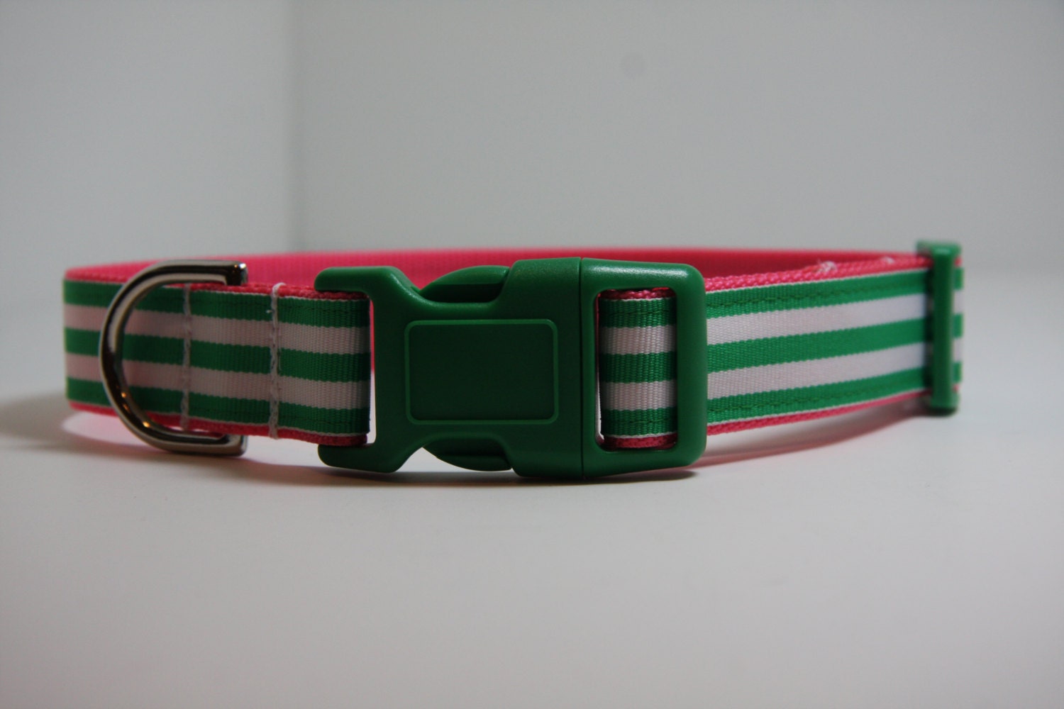 Dog Collar - green and white stripes- green buckle