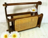 Vintage Wood & Caned Wicker Magazine Holder - Retro Classic Curved Bamboo Rack - Handy Portable Storage Organizer
