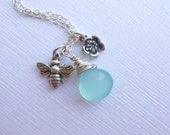 Sterling Silver Honey Bee Birthstone Cherry Blossom Necklace  -- Choose Your Stone (Aqua Chalcedony Shown)