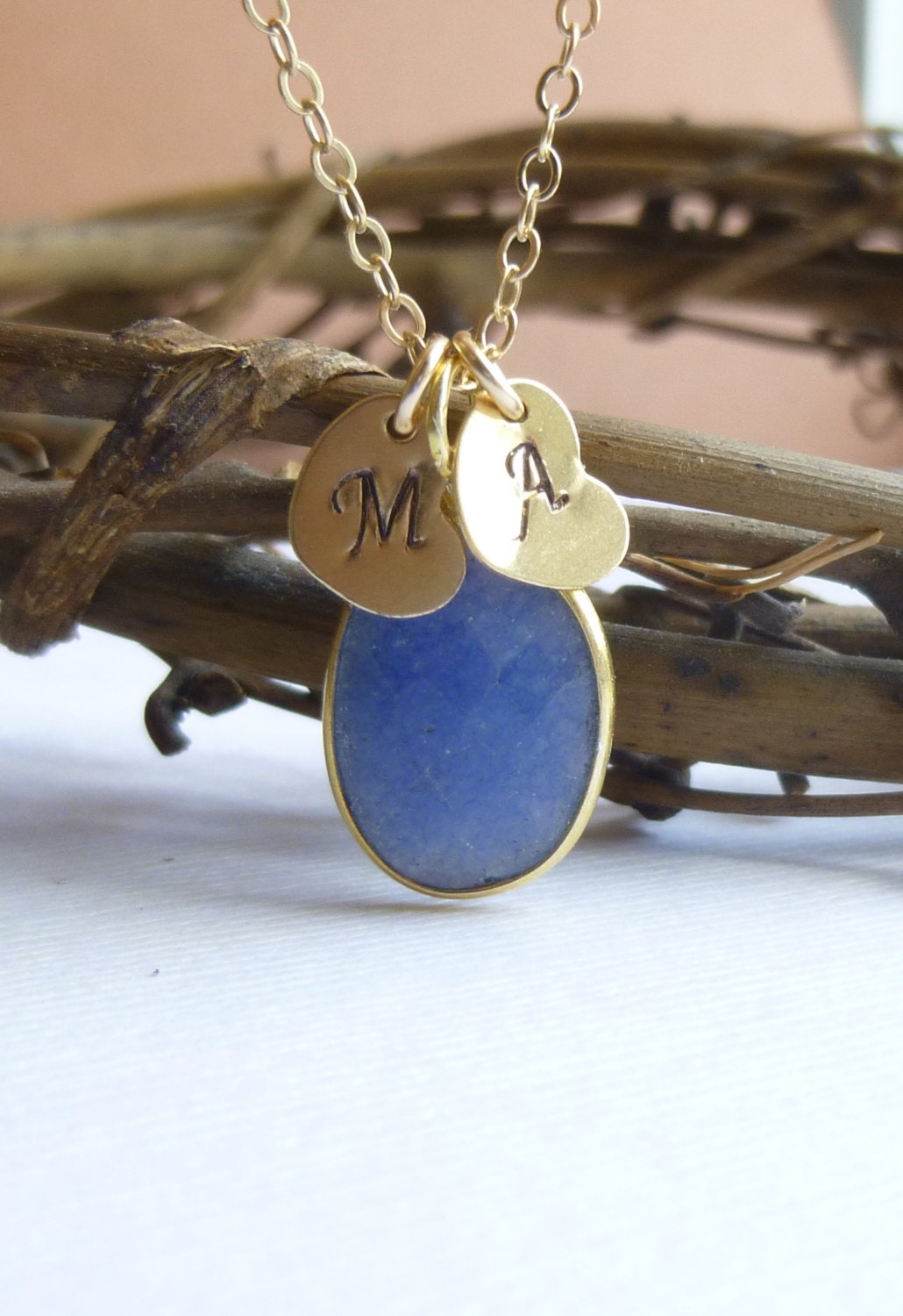Gold Vermeil Bezel Sapphire and Initial Hearts Necklace -- 14k Gold Filled -- September Birthstone Personalized Monogrammed