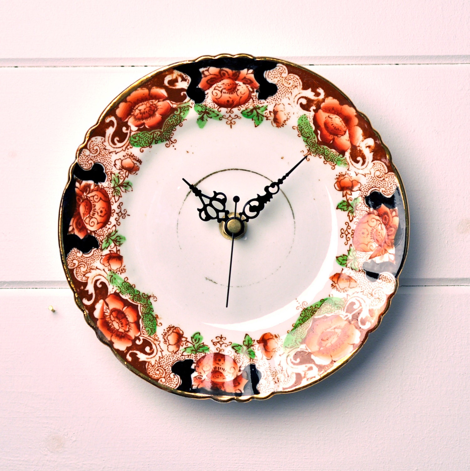 Vintage Brown, Orange flowers, Navy Blue Reid British China Plate Wall Clock