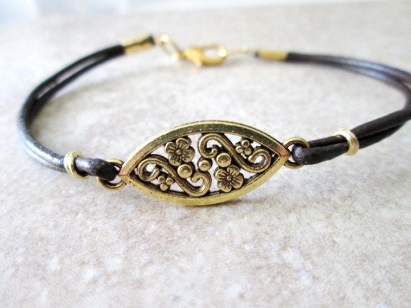 Gold Accnt Charm With Brown leather Bracelet