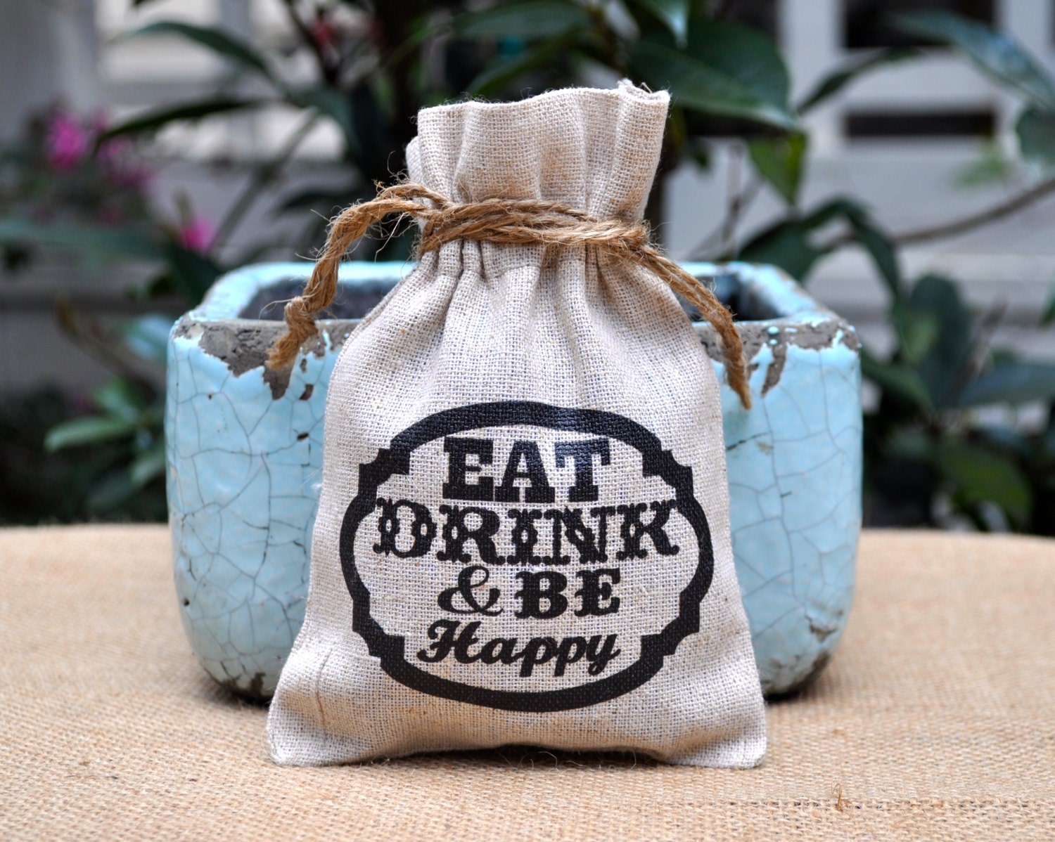 a southern bucket introduces our wedding favor bags...eat drink & be happy. SET OF 75 linen drawstring bags size 4x6