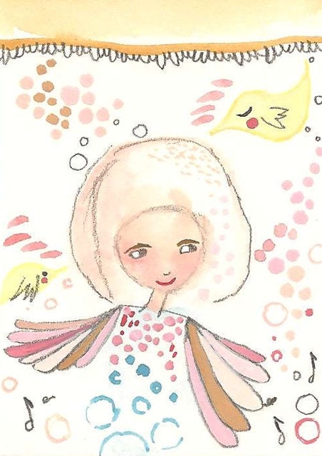 ACEO Original, Whimsical Girl Folk Art Illustration, Fly To Me