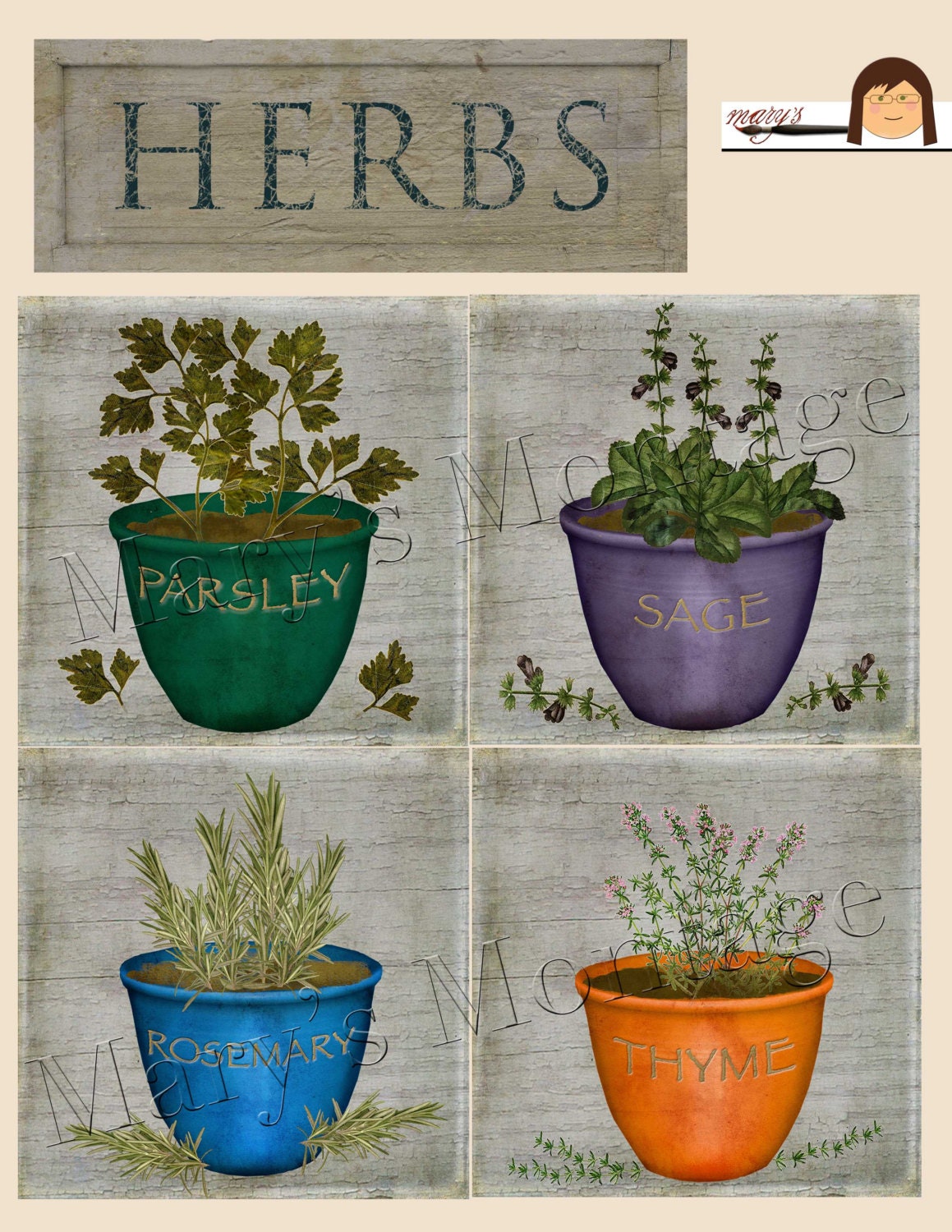 Parsley Sage Rosemary & Thyme Art Sheet Instant by MarysMontage