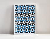 Handmade linocut: Light blue art print, Islamic geometric pattern in blue, black and white