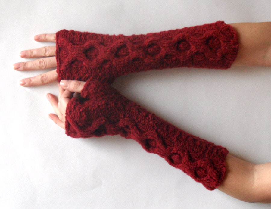 Fingerless Gloves Cable Gloves Dark Red Knit Arm Warmers Warm Cashmere Gloves Womens Hand Warmers Fingerless Mittens - KG0052 - Aimarro