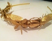 Garden Critters Gilded Gold Insect Whimsical  Headband -Bugs Beetles  Dragonflies Ethereal Bohemian Quirky Headpiece