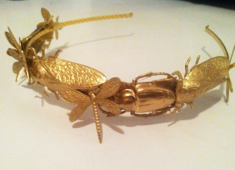 Garden Critters Gilded Gold Insect Whimsical  Headband -Bugs Beetles  Dragonflies Ethereal Bohemian Quirky Headpiece