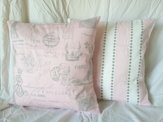 Decorative Throw Pillow Covers - Set of Two, Eiffel Tower, Pink Grey White, 20 x 20, Cushion Covers, French Decor, Paris Decor