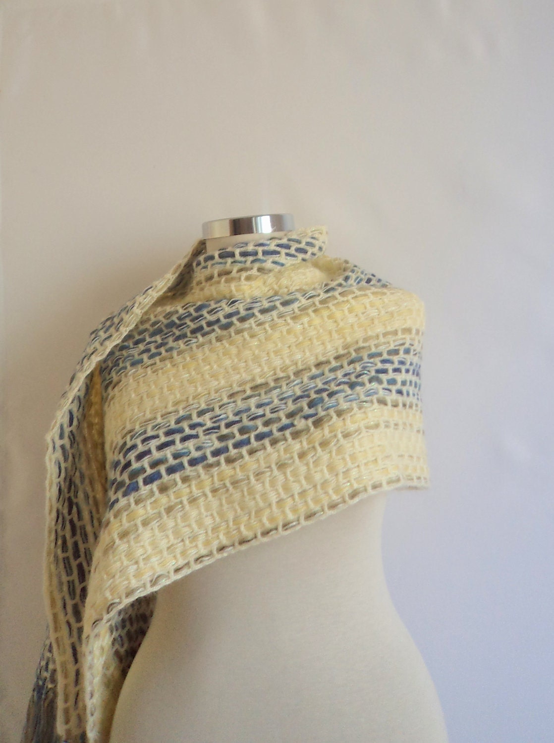 Shawl,Fashion, basket ,weave ,colorfull ,winter ,blue, yellow, white, collar, scarf, crochet ,handmade ,gift,warp,warm,stole,wedding,