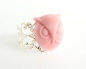 Light Pink Owl Ring - bird, resin cabochon, silver filigree, adjustable, 15mm