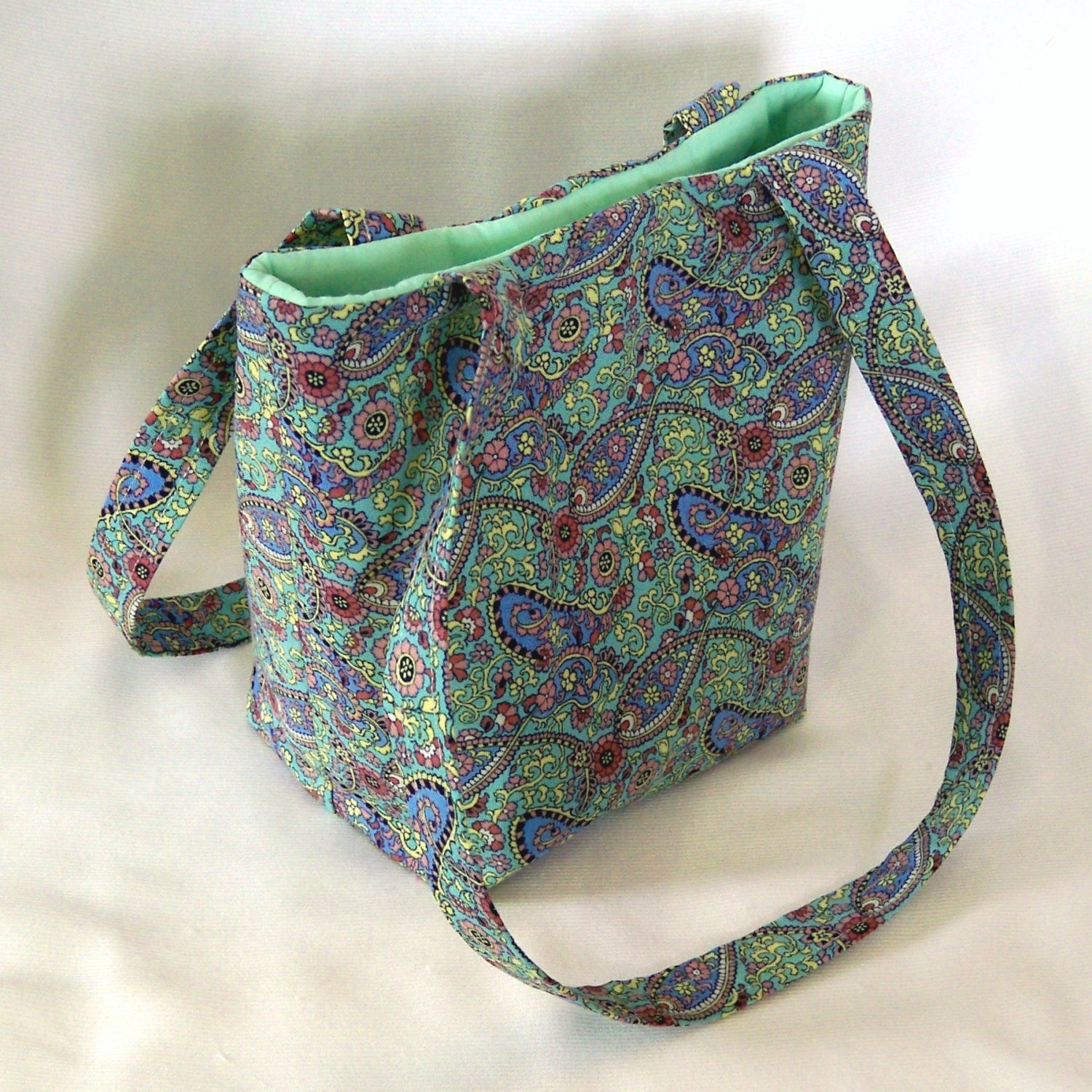 Green Blue Paisley Tote Bag Purse Fabric Bag Teen Purse Shoulder Bag Periwinkle Blue Mint Green Pink Floral