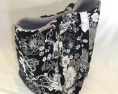 Floral Tote Bag Purse Black Gray Silver Fabric Bag Flower Handbag Shoulder Bag Large Bag