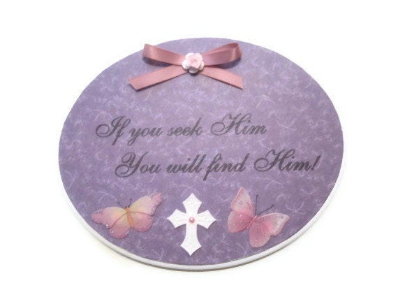 Inspirational Wall Sign Wood With Purple Print Paper Two Butterflies A Cross & A Pink Bow
