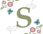Modern Flowers & Butteflies Cross Stitch Pattern with Initial of Your choice for 8"x 10" framing/matting for Girls