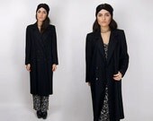 Vintage Black Merino Wool Long Maxi Duster Blazer Trench Coat Jacket / Medium