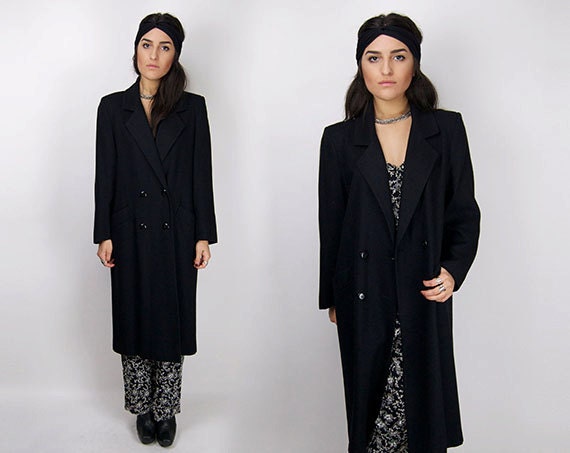 Vintage Black Merino Wool Long Maxi Duster Blazer Trench Coat Jacket / Medium