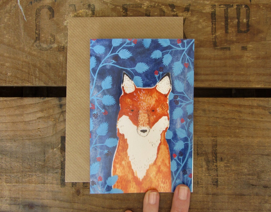 Recycled greetings card with envelope: Fox and brambles