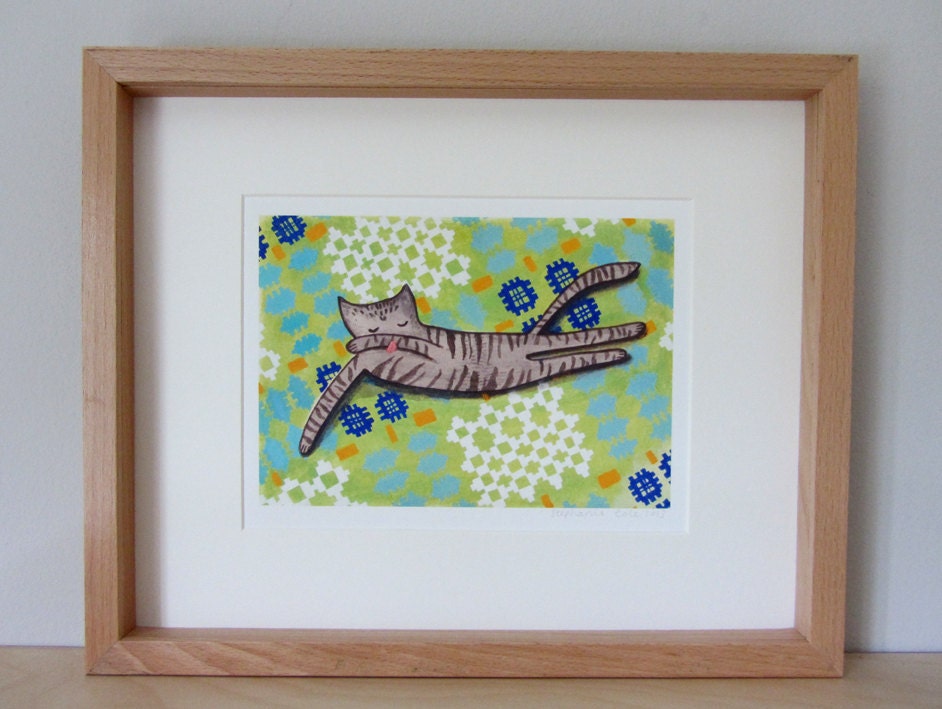 A5 Giclee print: Grey cat lounging on Welsh blanket