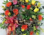 XXL Bright & Colorful Outdoor Wreath Design With Tulips, Bird, Clay Pot, and Nest With Eggs