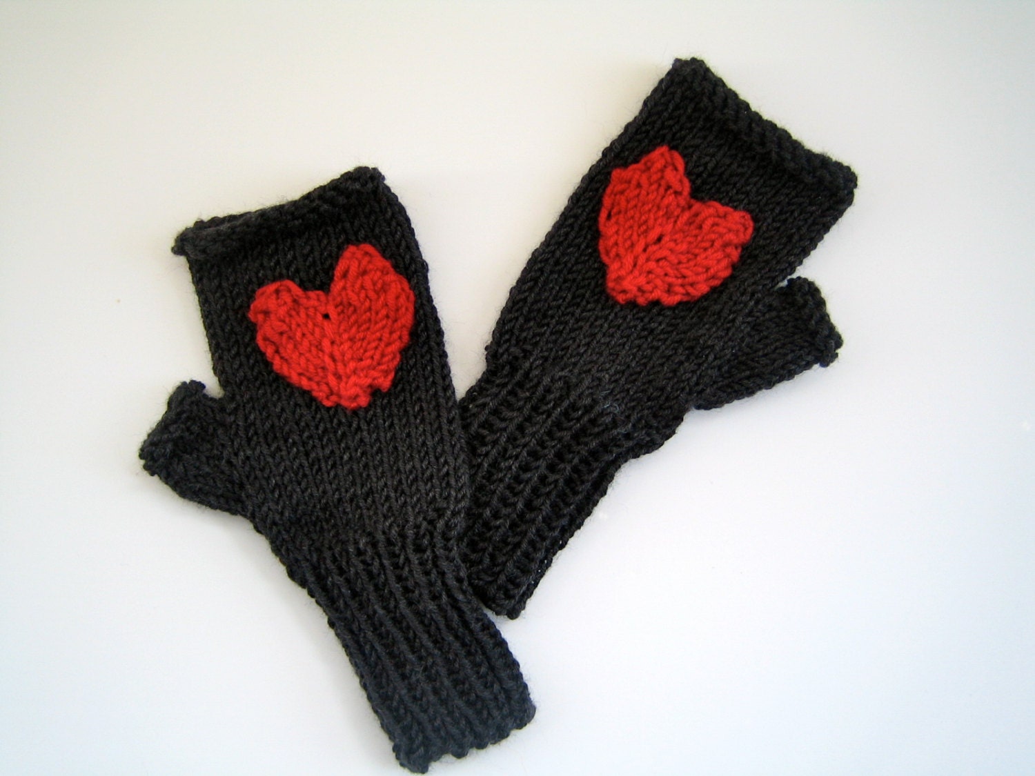 Fingerless Gloves for Women, Red heart, Dark Charcoal, Valentine's Day, Original Handknit Design, Ready-to-ship, Texting Mitts