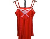 Chemise Lingerie Silk Lace Nightie / Poppy Red White Bow Jacquard Vintage / Medium - Poppy Moonshine Chemise