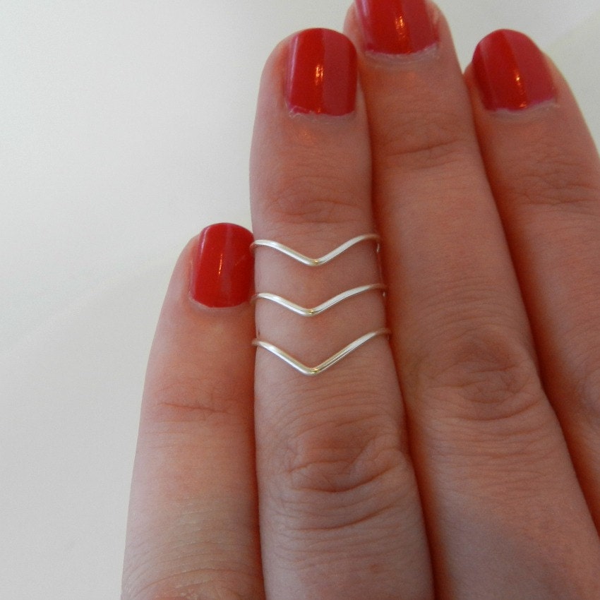 Silver Knuckle Rings, Mid Finger Rings, Midi Rings, Chevron Rings, Set of 3, Adjustable