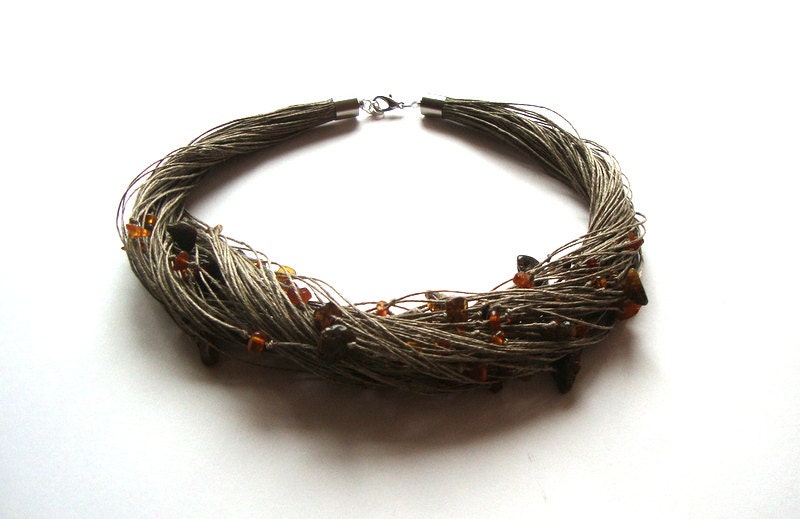 Amber necklace, statement linen necklace, eco style wedding necklace