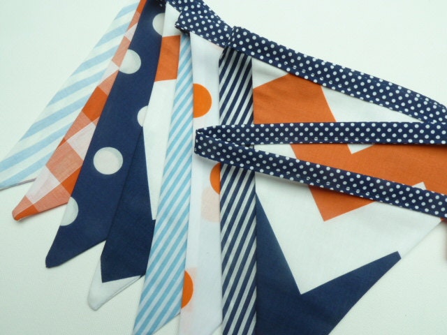 NAVY and ORANGE fabric bunting/banner.... chevron, spots and stripes attached to a lovely navy SPOT tape.