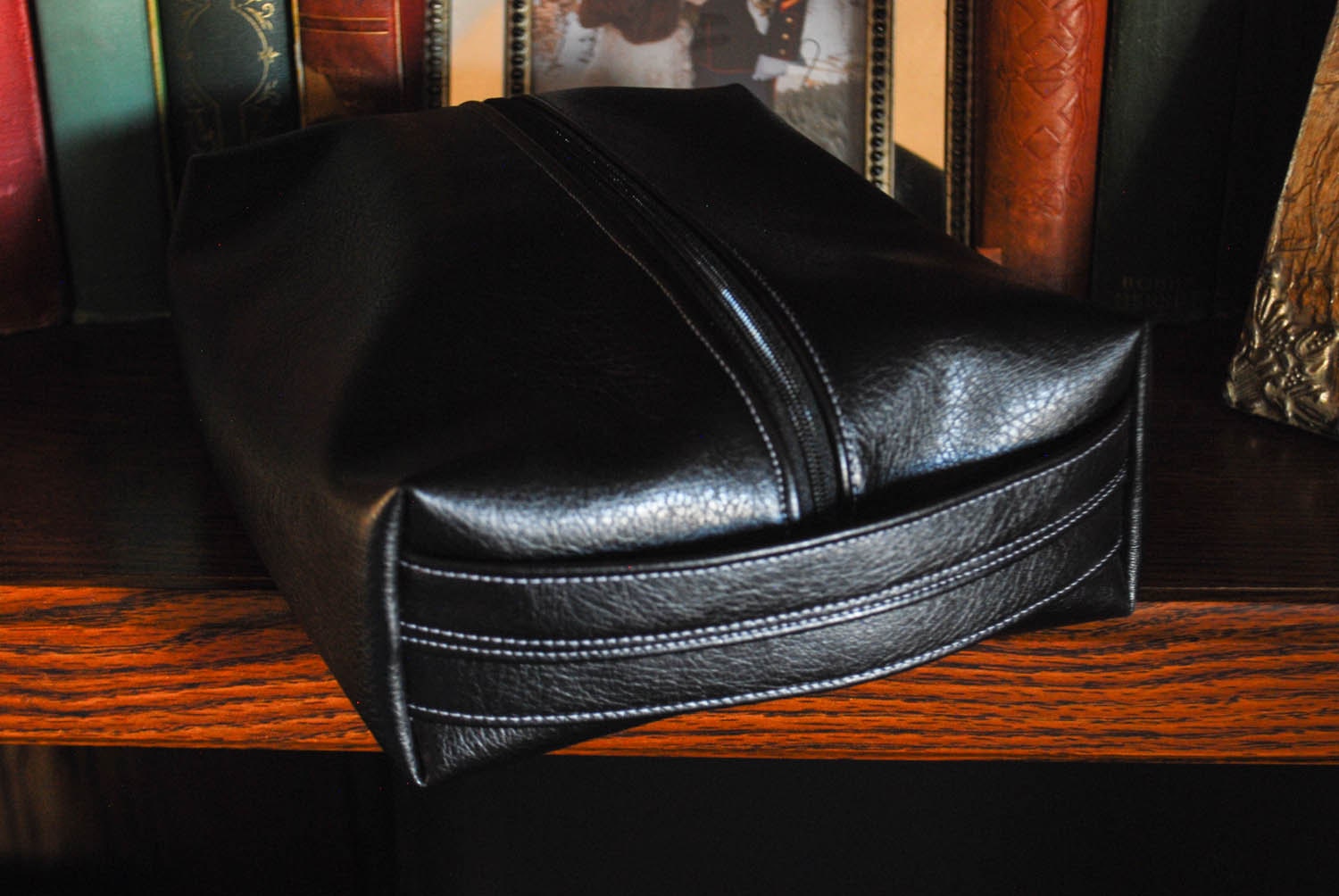 Large boxy cosmetic bag -  Black faux leather