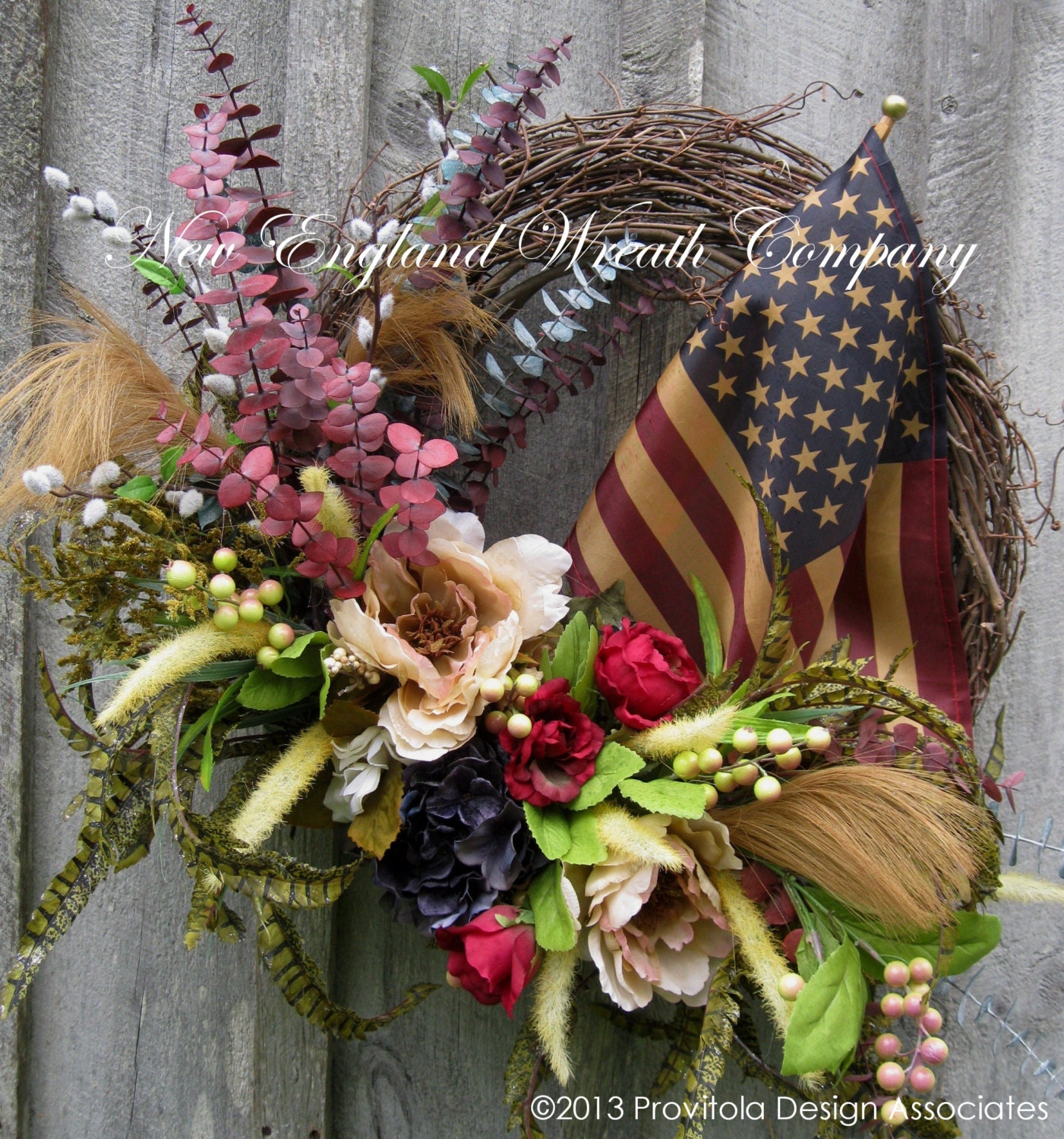 Americana Wreath, Patriotic, Fourth of July Wreath, Floral, Woodland, Tea Stained Flag