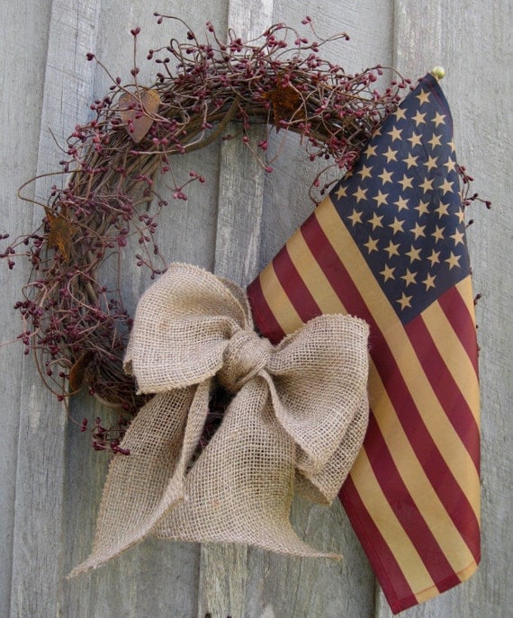 Americana Wreath, Patriotic, Fourth of July Wreath, Rustic, Primitive,Tea Stained Flag Wreath