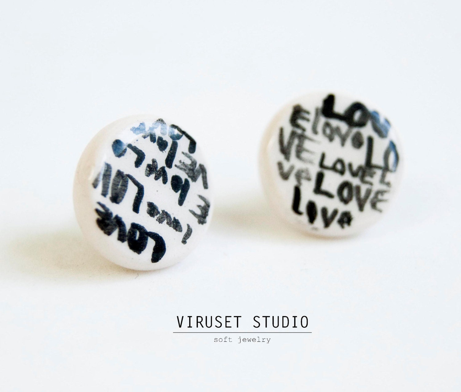 Ceramic earrings LOVE word, geometric earrings, ecofriendly jewelry, button ceramic earrings, scandinavian desig by Viruset