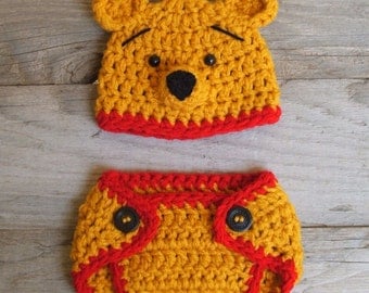 Winnie the Pooh "inspired" Bear Hat &  Diaper Cover  (newborn OR 3-6 month size)